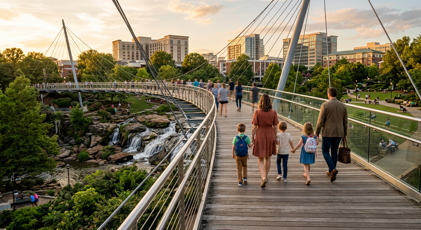 A modern, bustling scene of Falls Park on the Reedy in downtown Greenville, with a family strolling across the Liberty B