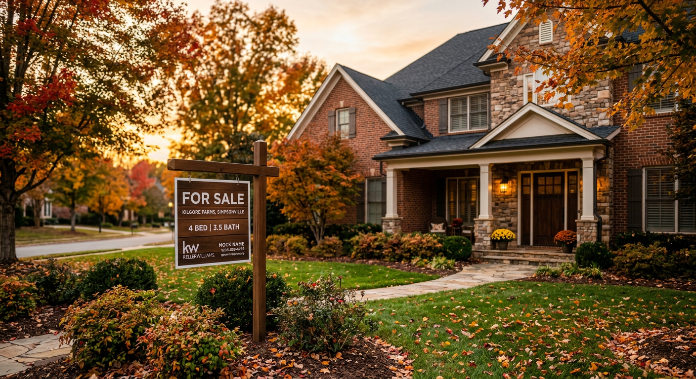 A "For Sale" sign prominently displayed in front of a charming brick home in the Kilgore Farms subdivision in Simpsonvil