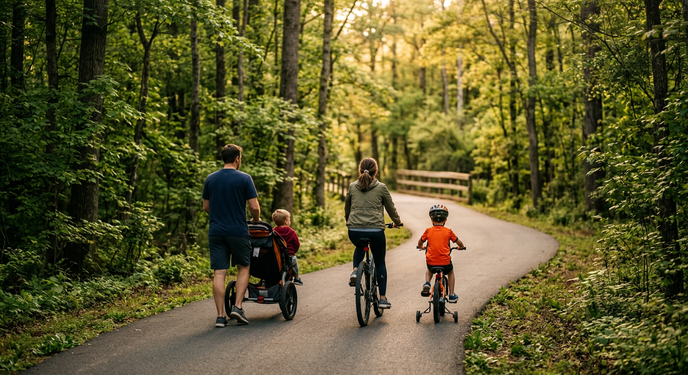 Children and parents enjoying the Swamp Rabbit Trail near the Duncan Chapel Road access point, with green trees and a wi