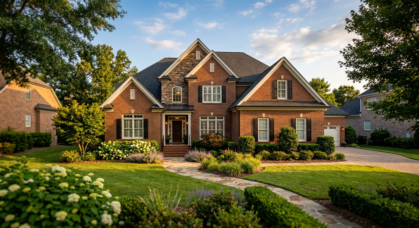 A modern, brick colonial-style home with a meticulously landscaped front yard in the Kilgore Farms subdivision, Simpsonv