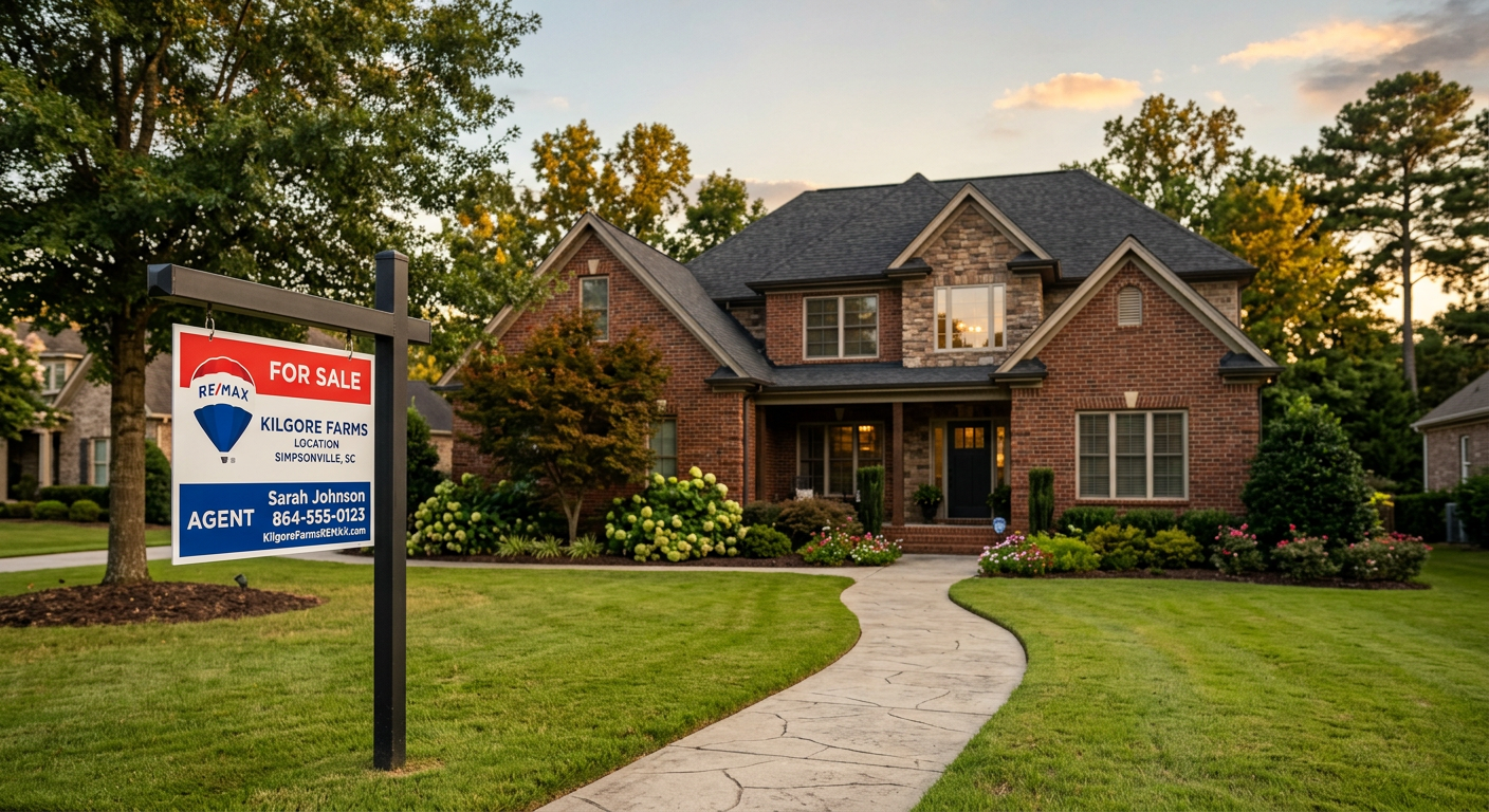 A modern 'For Sale' sign with RE/MAX branding in front of a well-maintained brick home in the Kilgore Farms subdivision