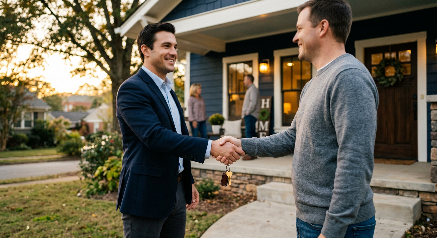 Trevor Watson, a friendly RE/MAX agent, shaking hands with a new homeowner in front of their recently purchased house ne