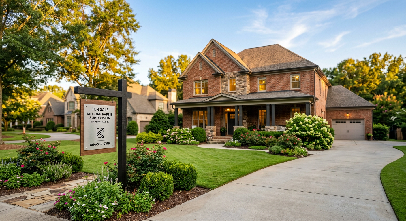 A modern 'For Sale' sign outside a charming brick home in the Kilgore Farms subdivision in Simpsonville, with lush green