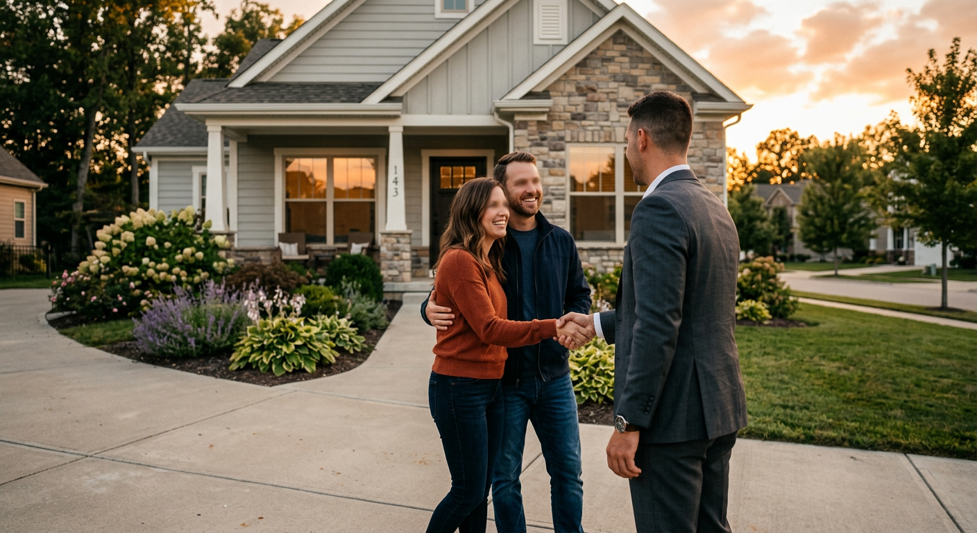 A friendly, professional real estate agent, Trevor Watson, shaking hands with a happy couple in front of a newly purchas