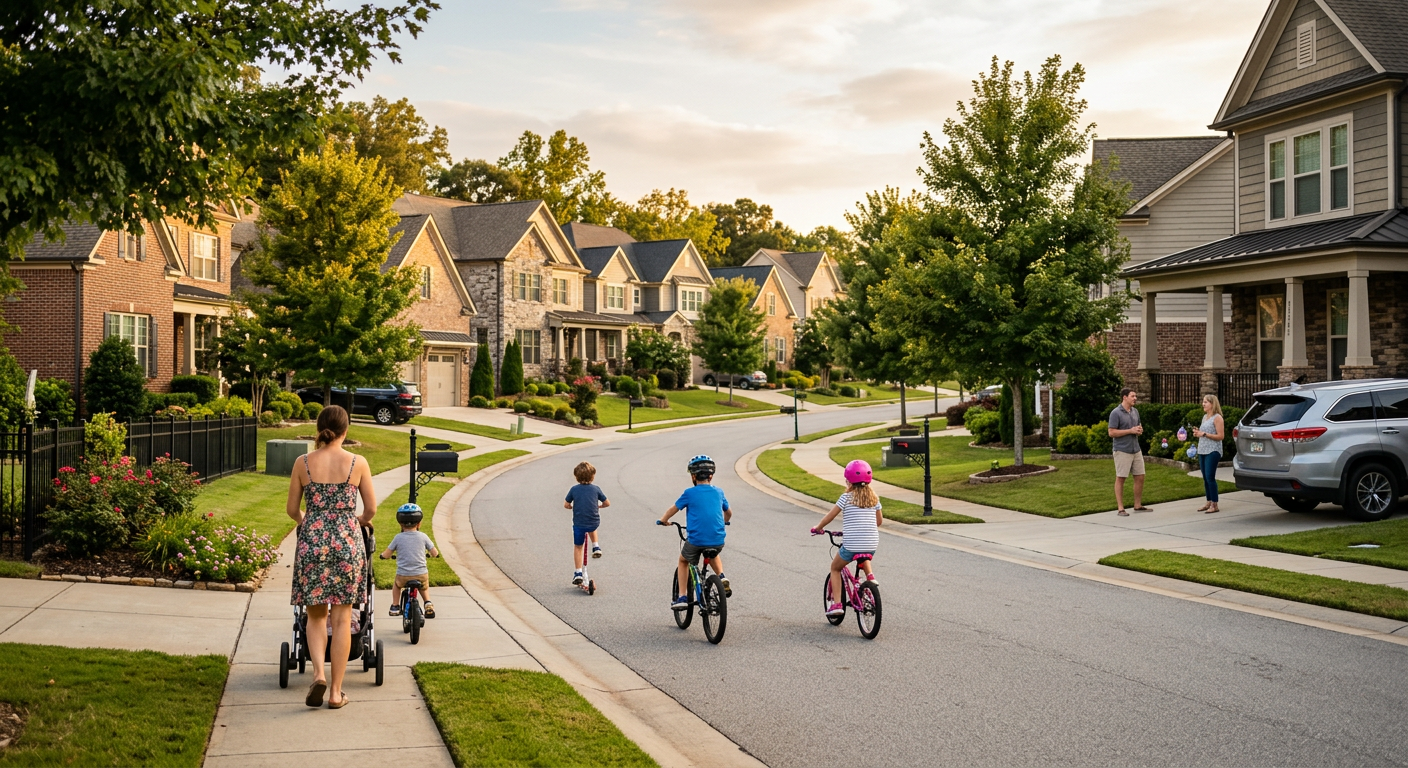 A modern, family-friendly street scene in the Kilgore Farms subdivision in Simpsonville, SC, with children playing safel