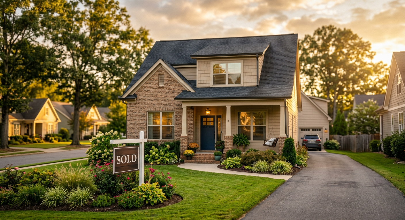 A vibrant, welcoming home exterior in the Neely Farm subdivision in Simpsonville, SC, with a 'Sold' sign out front, impl