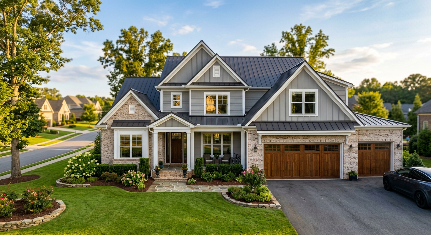 A modern, spacious home in the Kilgore Farms subdivision in Simpsonville, SC, with a neatly landscaped yard and a two-ca
