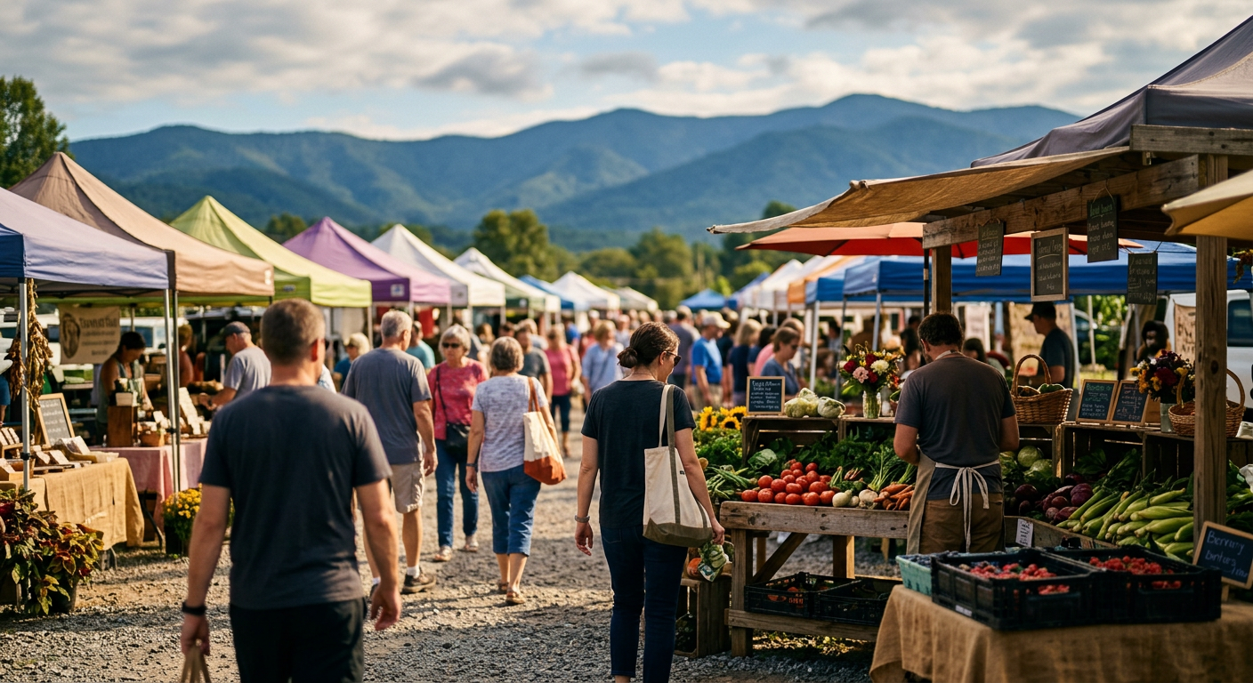 A bustling scene at the Travelers Rest Farmers Market on a Saturday morning, with people browsing local produce and craf