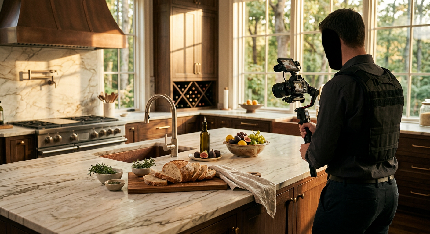 Professional videographer filming a kitchen island in a high-end gourmet kitchen, possibly in a home near Neely Farm, wi