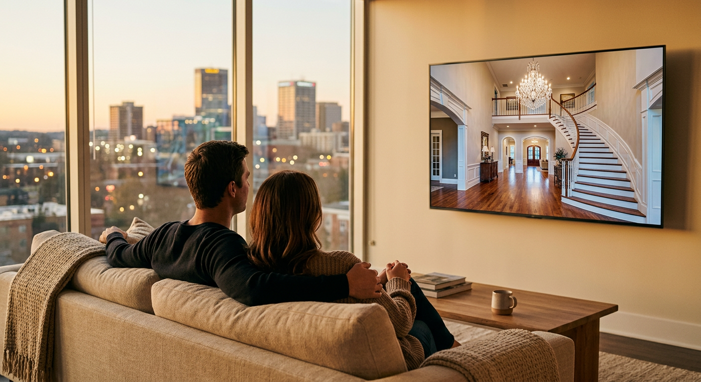 A couple watching a high-definition cinematic virtual tour of a luxury home on a large screen, with the Greenville skyli