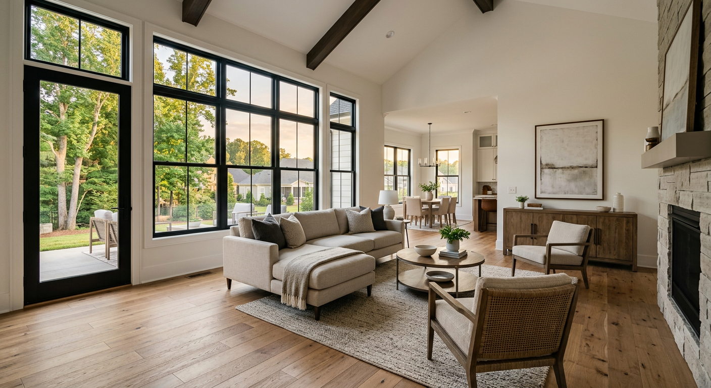 An empty, beautifully staged living room with abundant natural light in a modern, single-story home located in the Kilgo