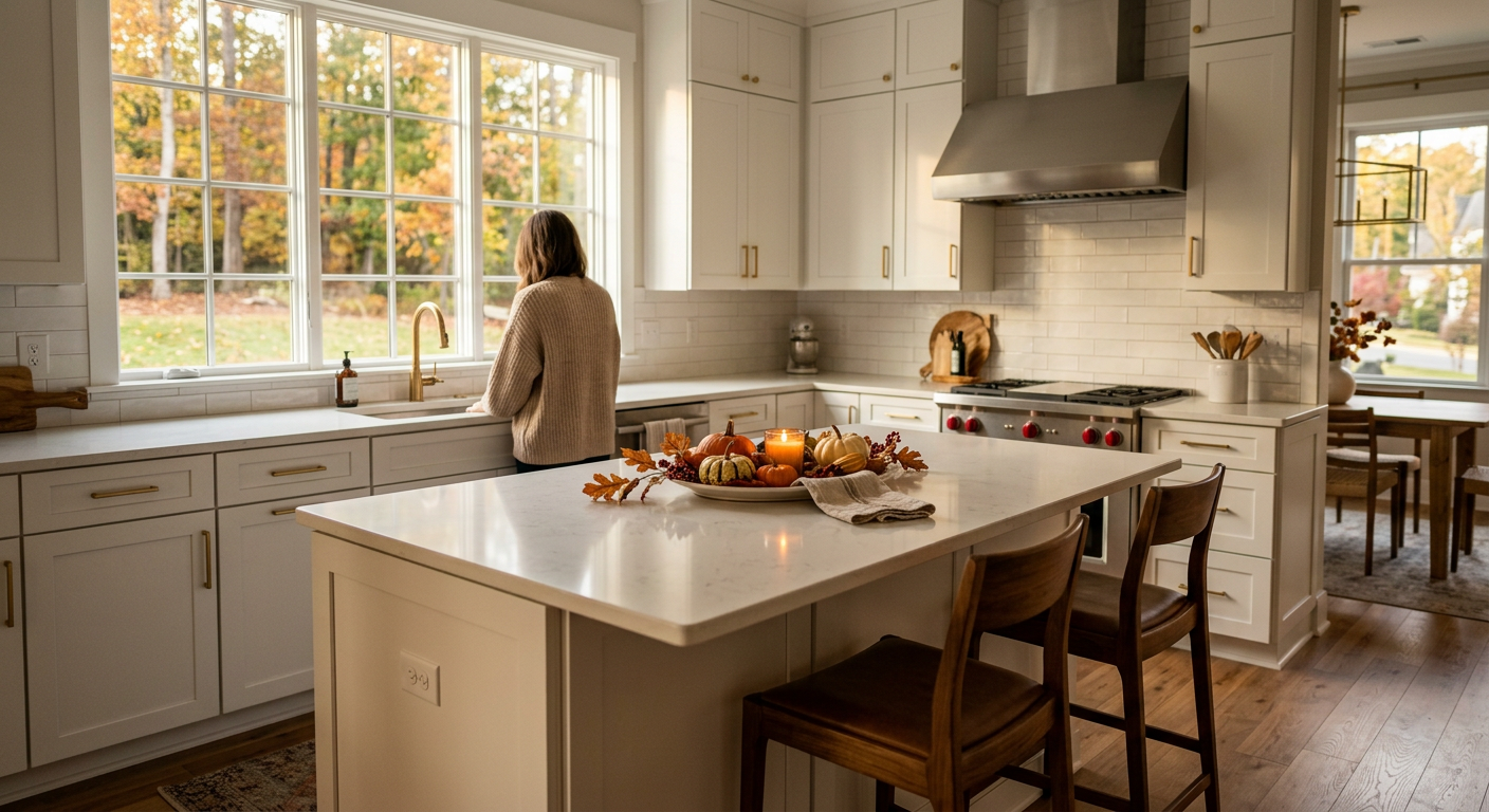 A modern, well-staged kitchen in a home in the Kilgore Farms subdivision in Simpsonville, SC, with warm, inviting decor