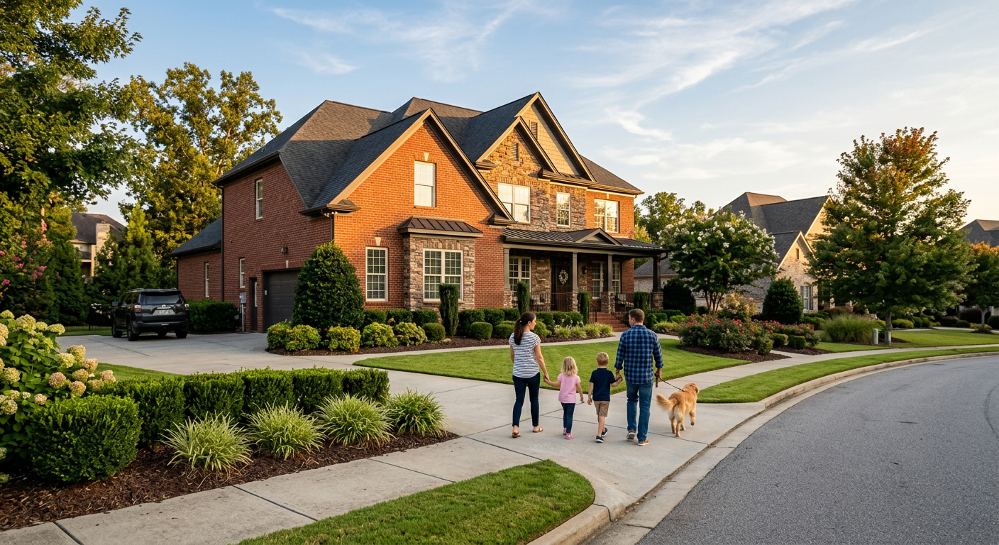 Exterior shot of a classic brick home in the Kilgore Farms subdivision, Five Forks, SC, with manicured landscaping and a