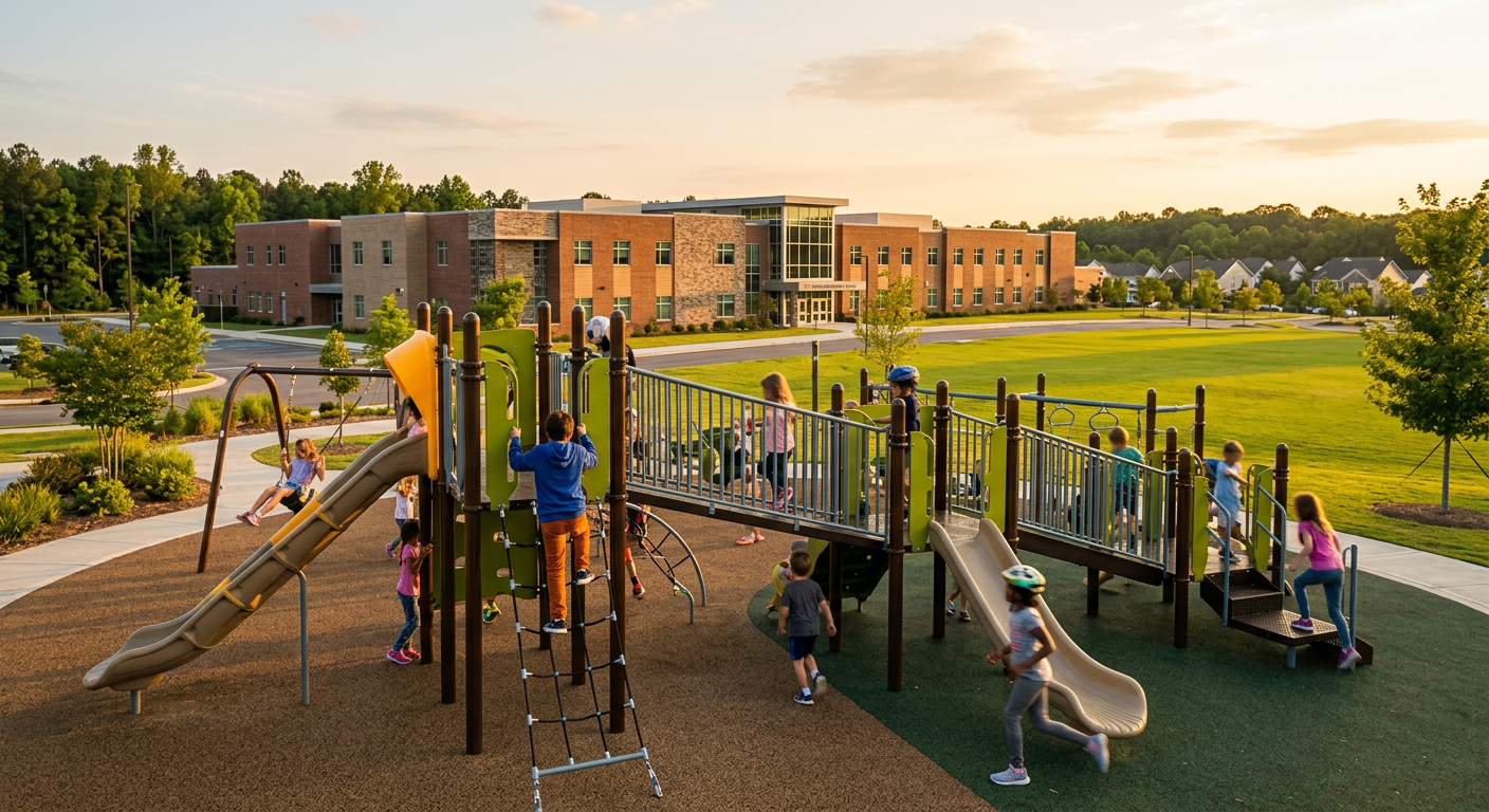 Children playing on a state-of-the-art playground outside a modern brick elementary school building in Five Forks, SC, w