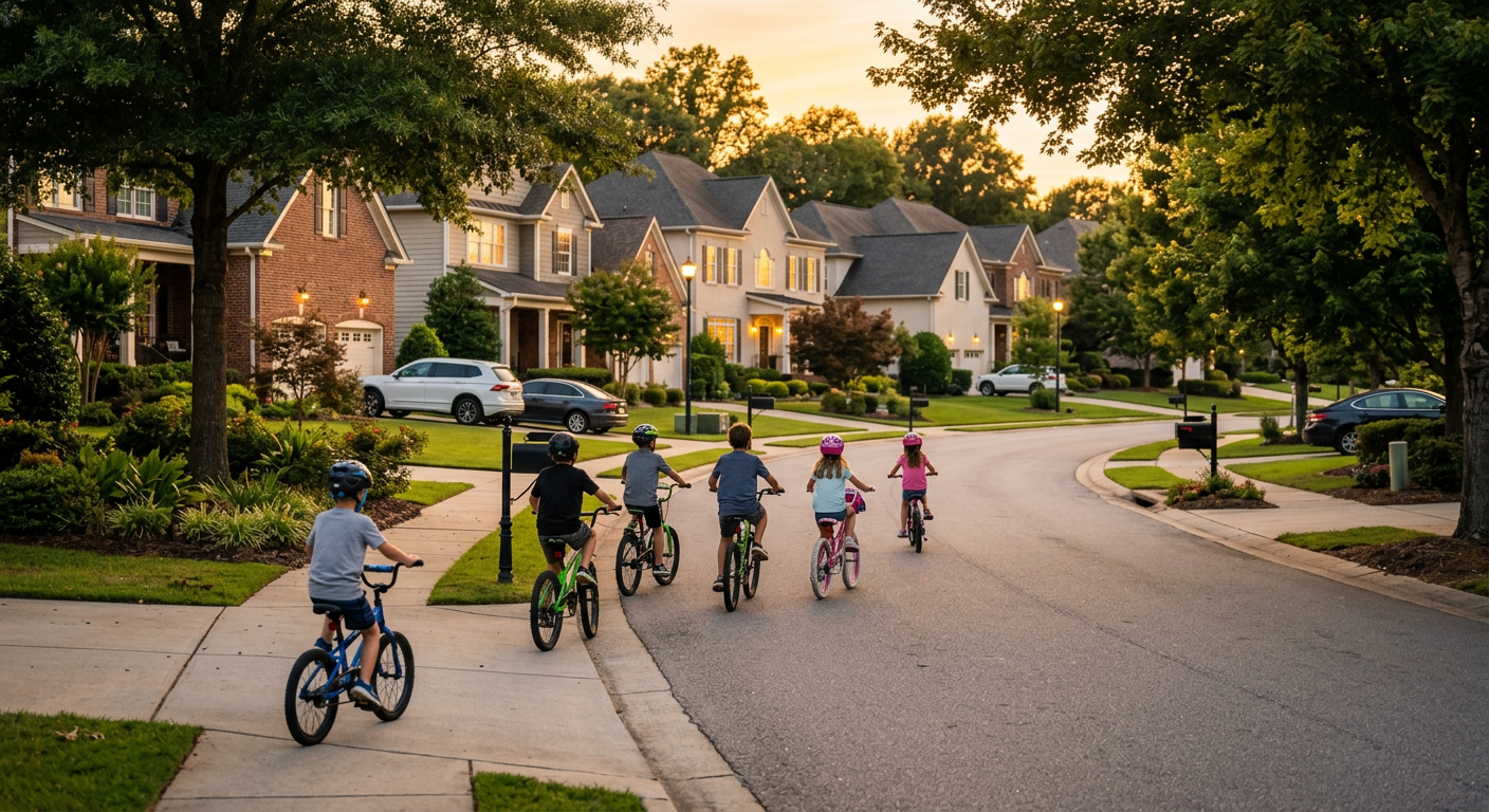 A modern, family-friendly street scene in Kilgore Farms subdivision in Simpsonville, SC, with well-maintained homes and