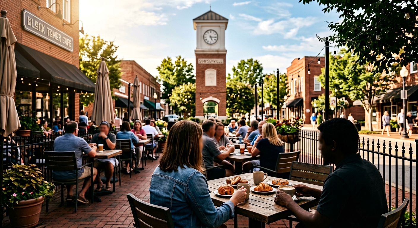 A vibrant, outdoor cafe scene with people enjoying coffee and pastries at a local spot in downtown Simpsonville, SC, nea
