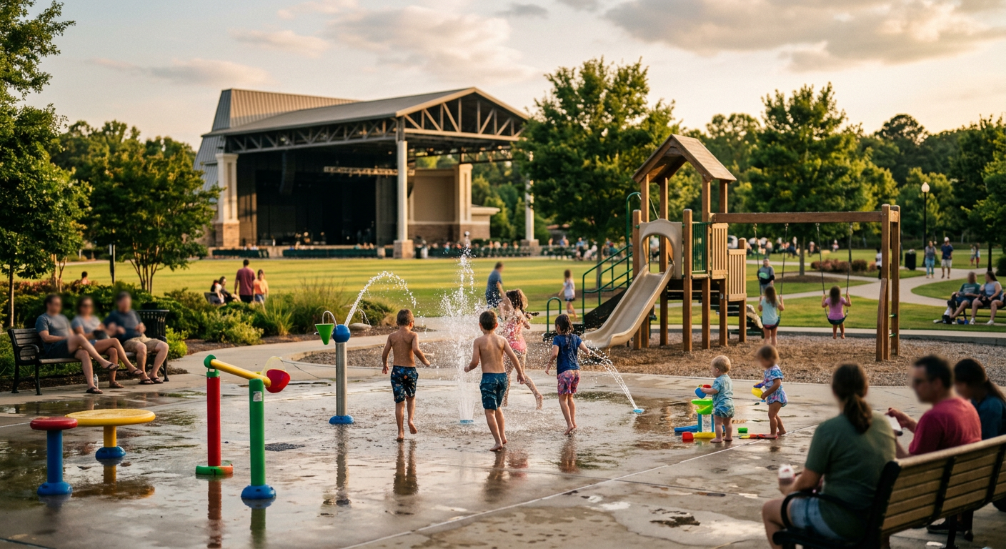 Families enjoying the splash pad and playground at Heritage Park in Simpsonville on a warm afternoon, with the Amp at He