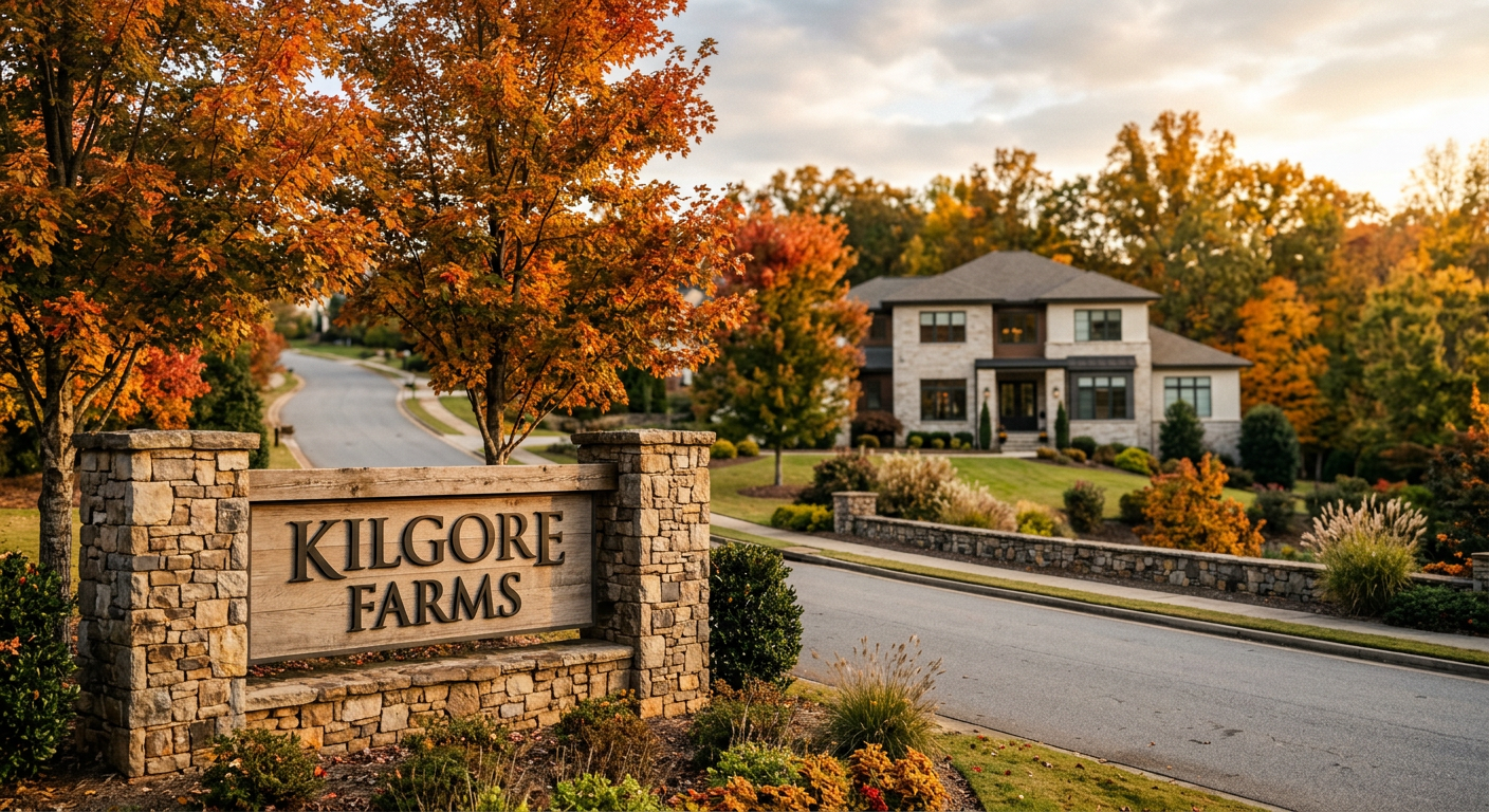The entrance sign and mature trees of the Kilgore Farms subdivision in Five Forks, with a modern, well-maintained home v