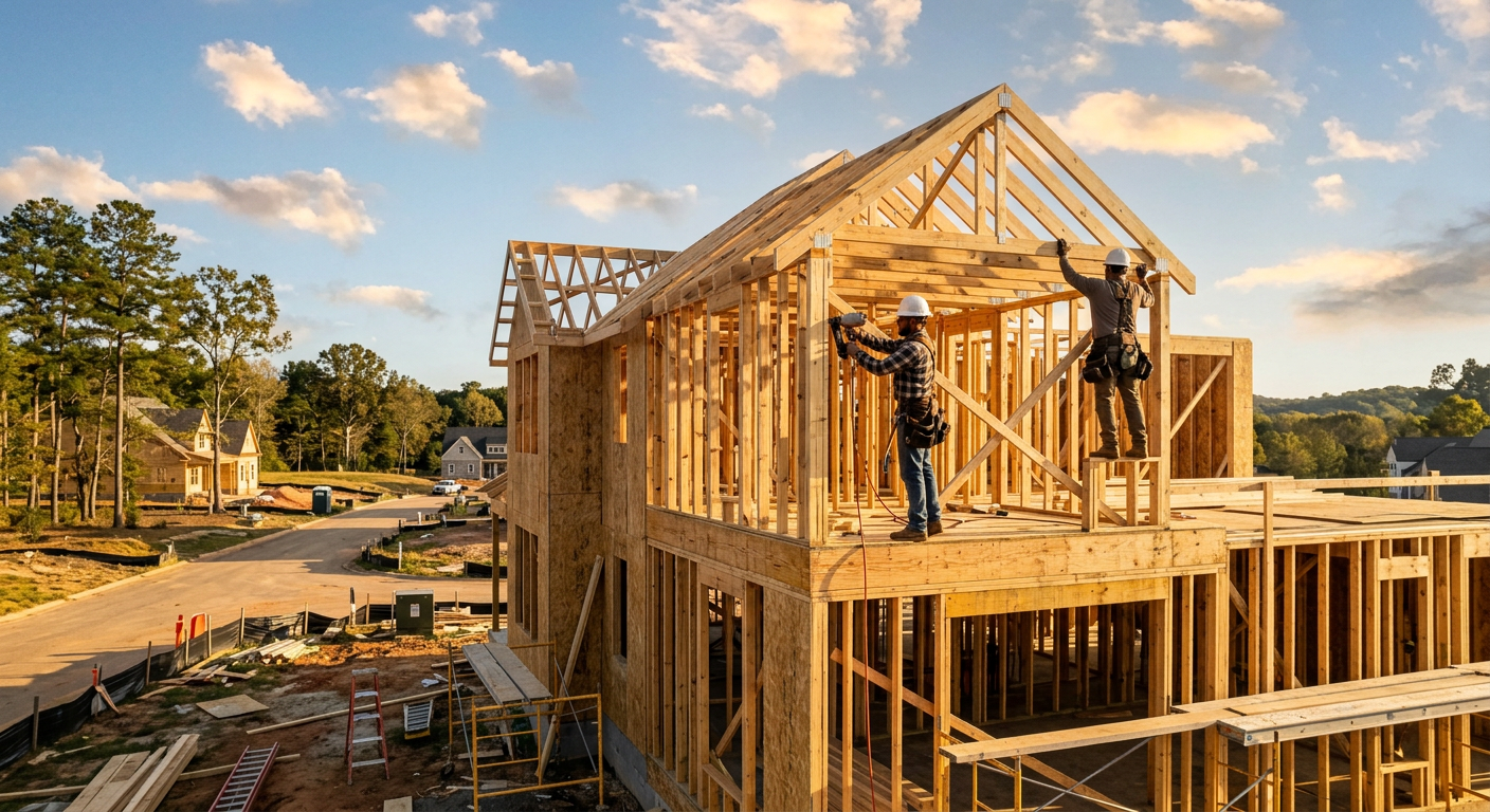 Workers framing the second story of a new residential home in the Bell's Creek community, Fountain Inn SC, sunny day.