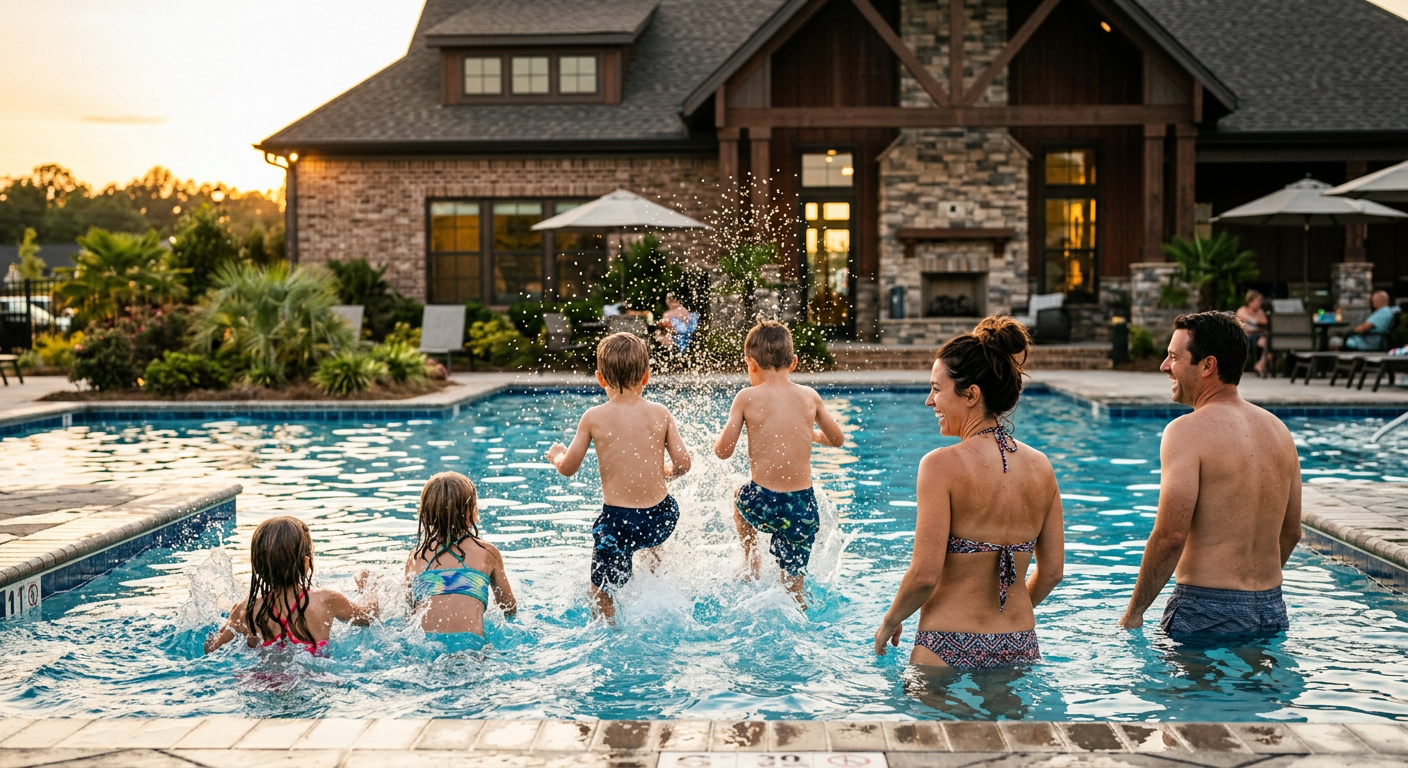 A family enjoying the community pool and clubhouse amenity center of a new construction subdivision like Bryson Meadows