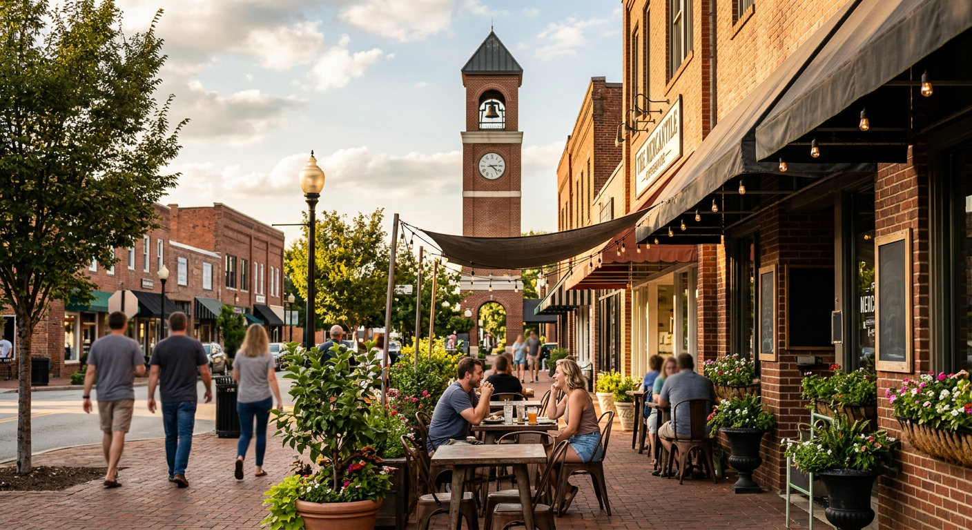 A vibrant street scene in downtown Fountain Inn, SC, showing the Clock Tower and a few people enjoying the outdoor seati