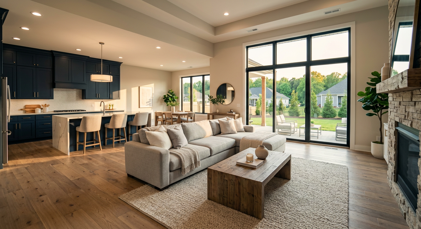 An interior shot of a spacious, open-concept living room in a recently completed new construction home in the Bryson Mea