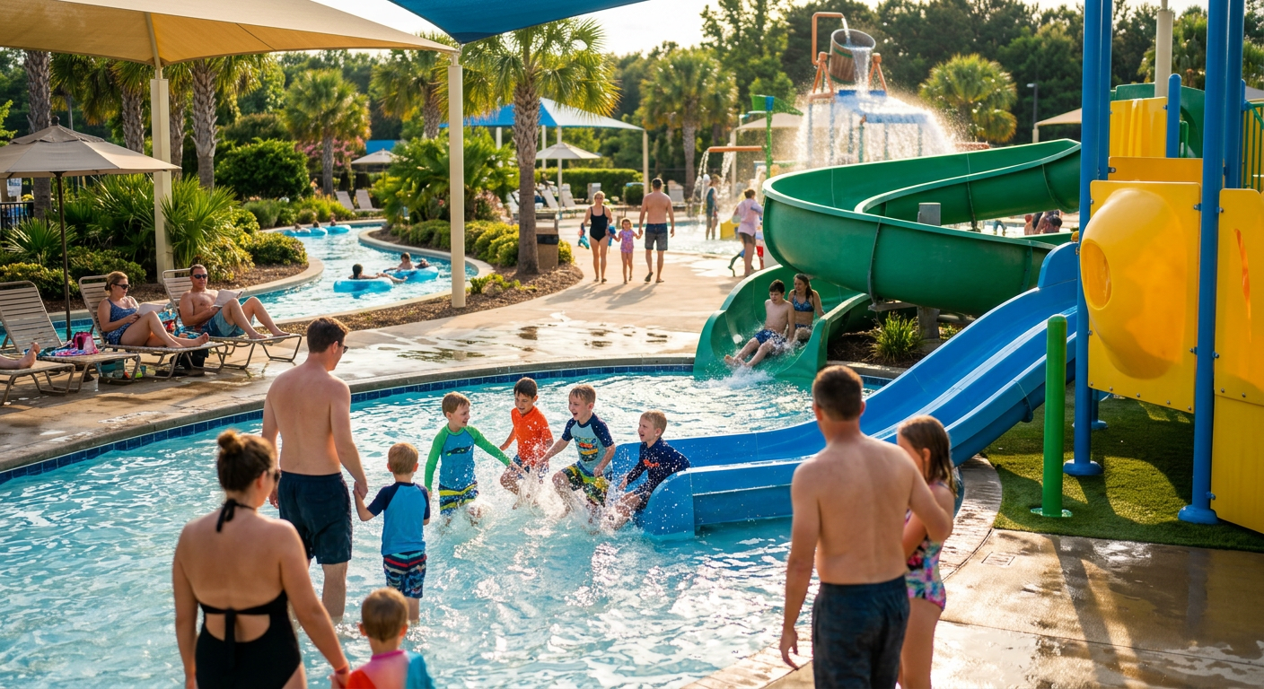 Families enjoying Discovery Island Waterpark in Simpsonville, SC on a summer day, with children on water slides and spla