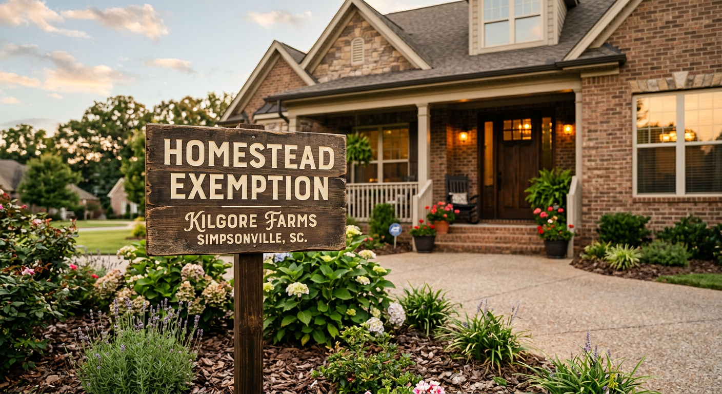Close-up of a 'Homestead Exemption' sign in front of a charming brick home in the Kilgore Farms subdivision in Simpsonvi