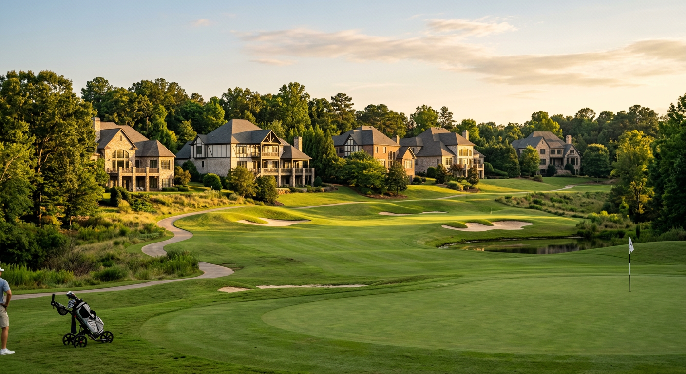 Scenic view of a lush green golf course at Chanticleer subdivision in Greenville SC, with upscale homes in the backgroun
