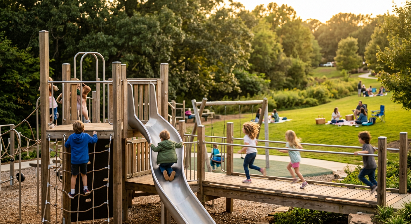 Kids playing on a modern playground at Heritage Park in Simpsonville SC, with families picnicking in the background and