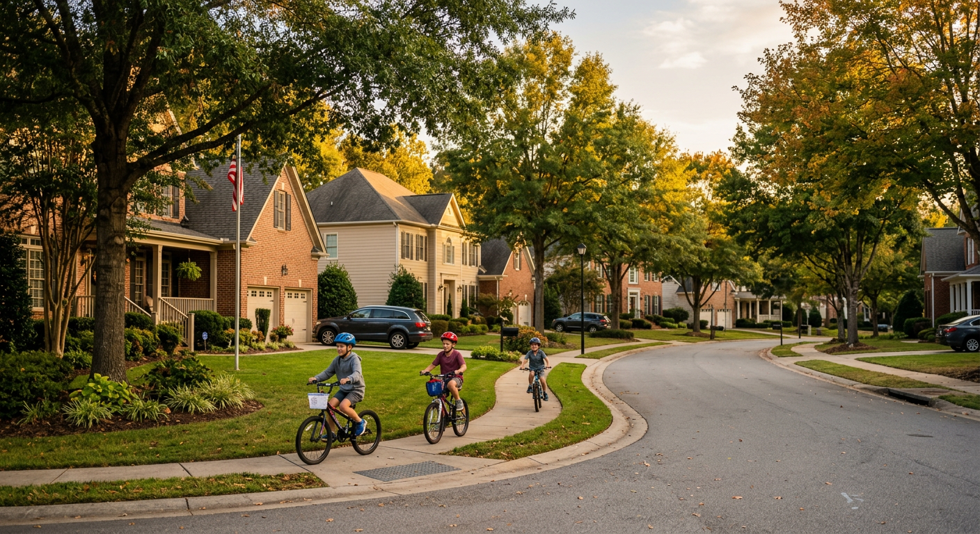 Beautiful tree-lined street in the Kilgore Farms subdivision in Simpsonville SC, showing well-maintained family homes wi
