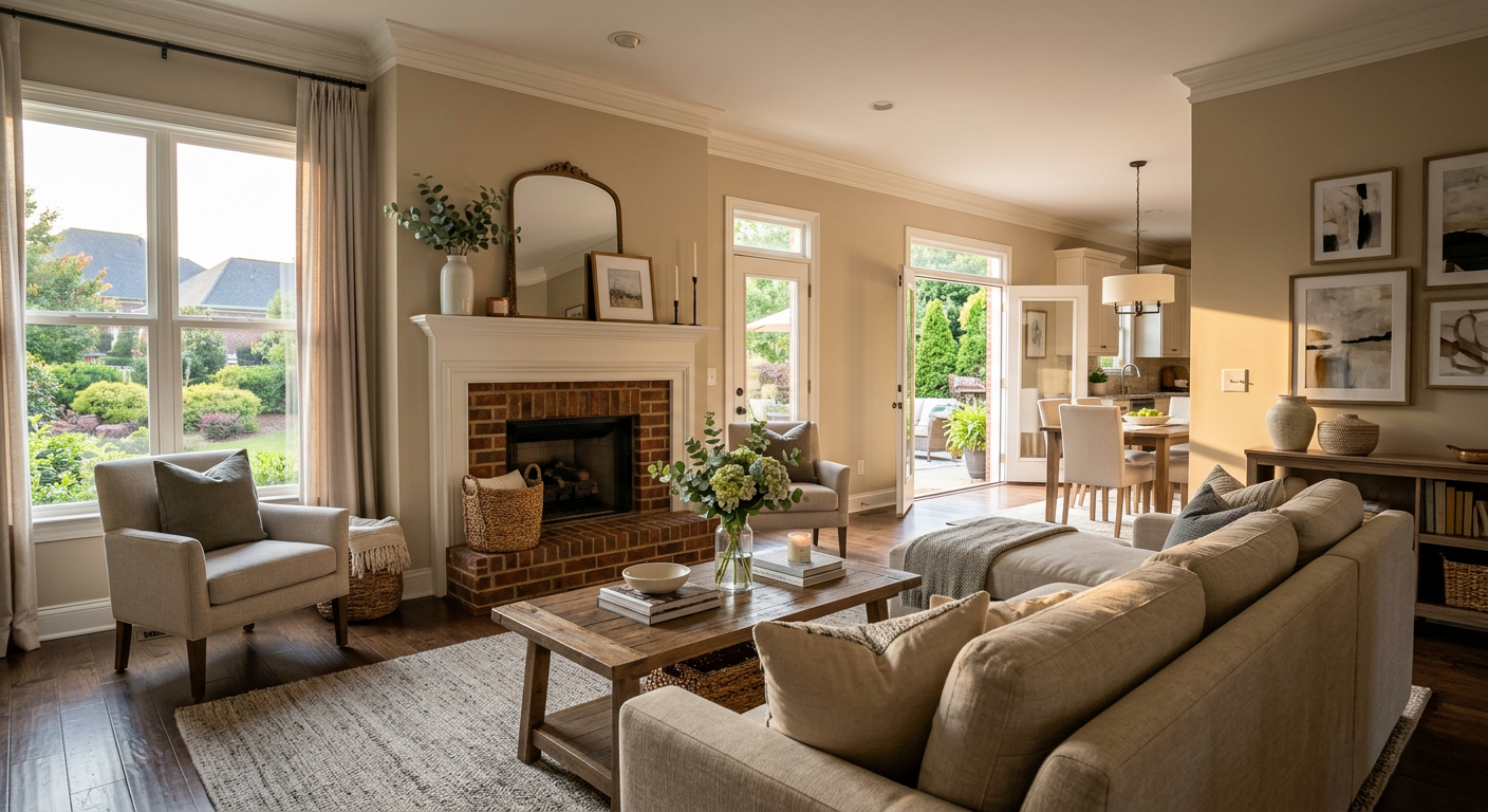 A beautifully staged living room with bright natural light in a traditional brick home in the Kilgore Farms subdivision