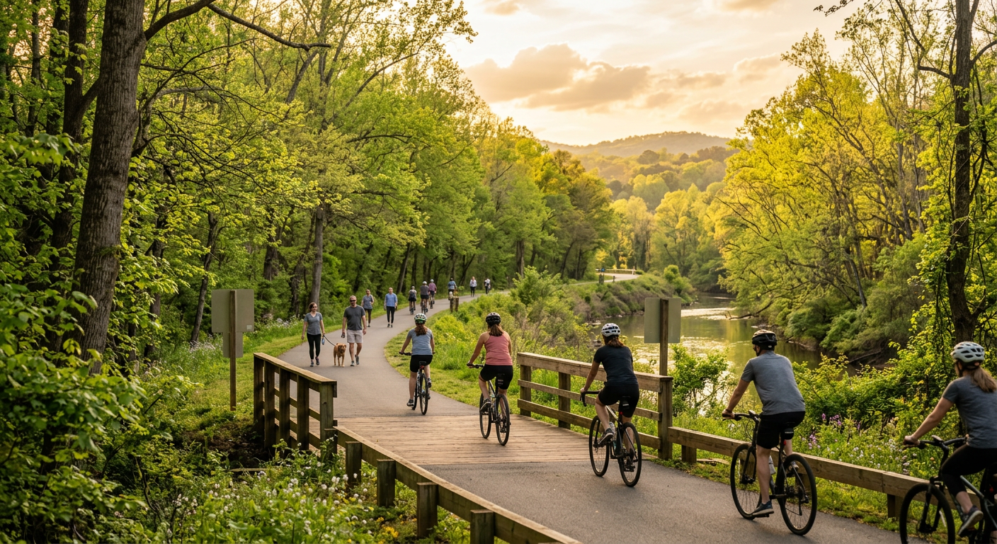 A vibrant image of the Swamp Rabbit Trail in Travelers Rest, SC, with cyclists and pedestrians enjoying the spring weath