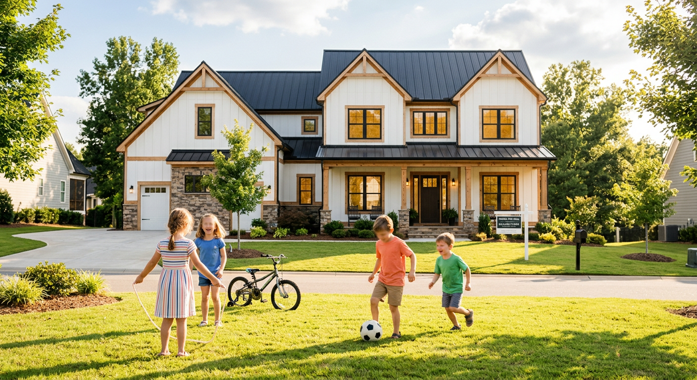 Newly built, modern farmhouse style home for sale in the Kilgore Farms subdivision in Simpsonville, SC, with children pl