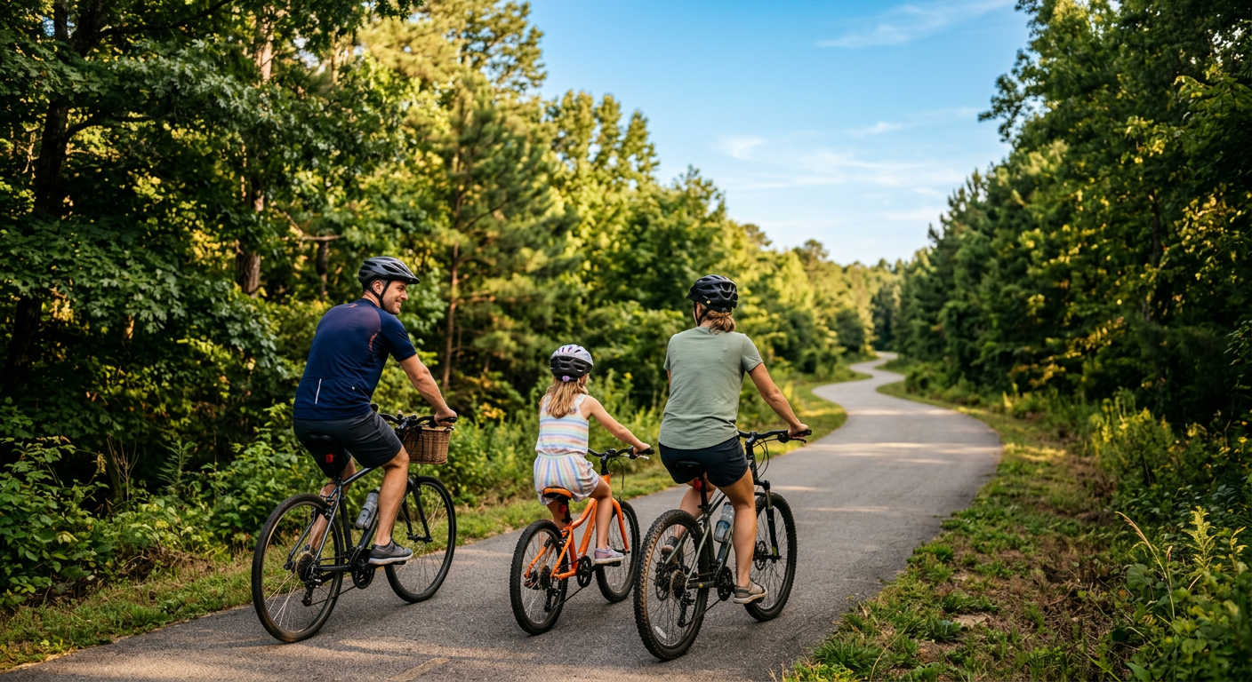 Family enjoying a leisurely bicycle ride on the Swamp Rabbit Trail near Travelers Rest, NC, with lush green trees and a