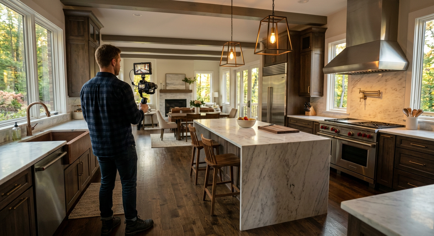 Professional videographer filming the interior of a gourmet kitchen in a luxury home near Chanticleer subdivision, Green