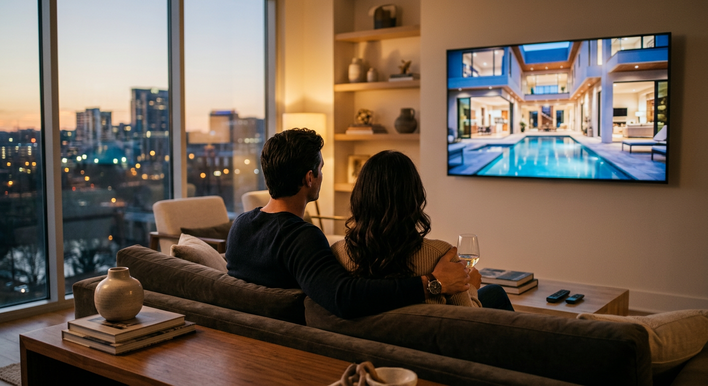 Elegant couple viewing a cinematic real estate video of a luxury home on a large screen in a modern living room, a subtl