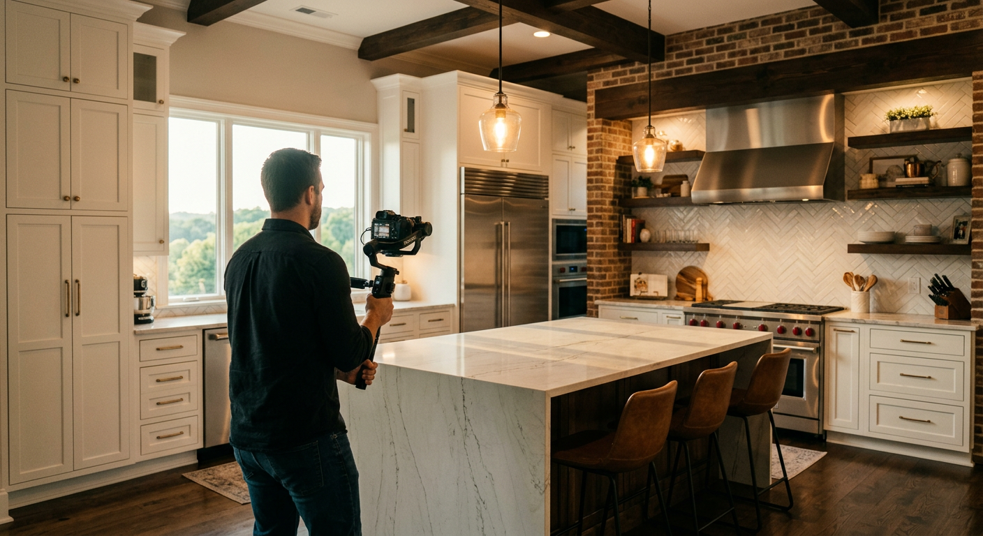 A professional videographer with a gimbal filming the expansive gourmet kitchen of a luxury home in Chanticleer, Greenvi
