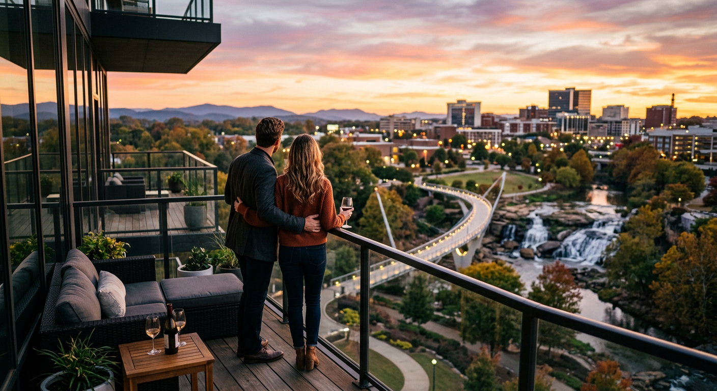 A still from a high-quality real estate video showing a couple enjoying the view from a private balcony of a luxury cond