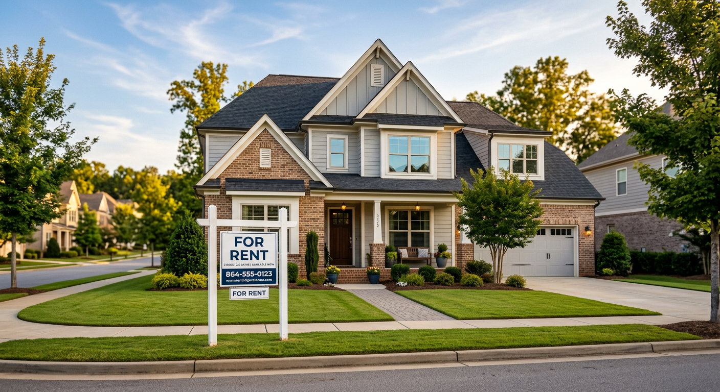 A modern, well-maintained single-family home in the Kilgore Farms subdivision in Simpsonville, with a 'For Rent' sign ou