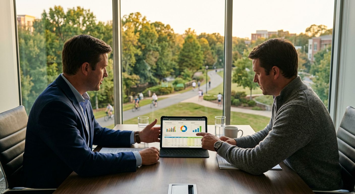 An investor and a realtor (Trevor Watson) reviewing financial projections on a tablet, with the Swamp Rabbit Trail and t