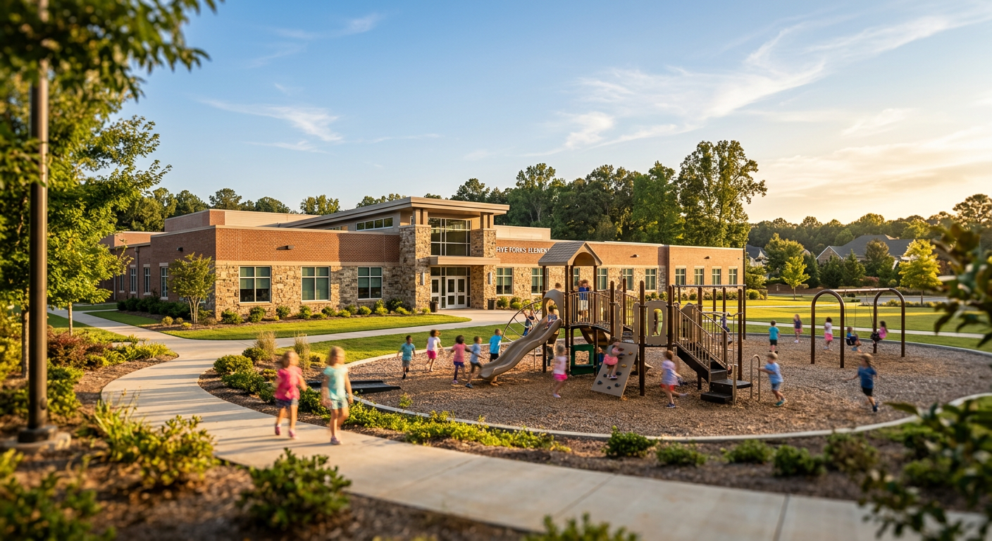 A modern, well-maintained elementary school building in the Five Forks area of Simpsonville, with children playing safel