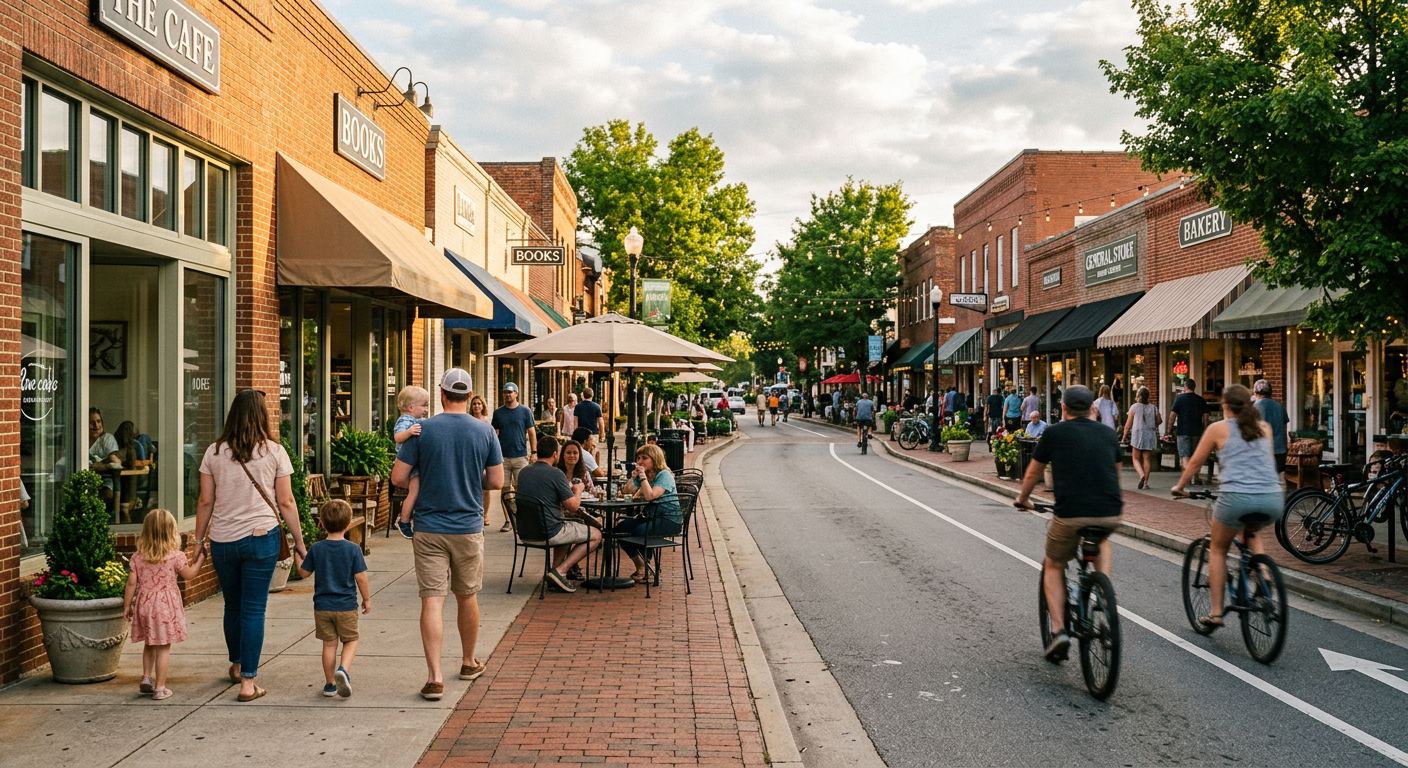 A bustling street scene in Downtown Travelers Rest, SC, with families and cyclists enjoying local shops and cafes, under