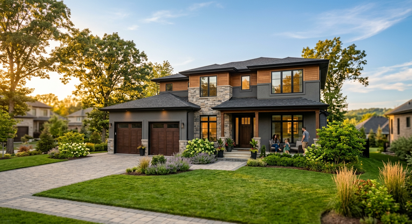 A modern, attractive family home in the Rivers Edge subdivision of Greer, SC, with well-maintained landscaping and a dou