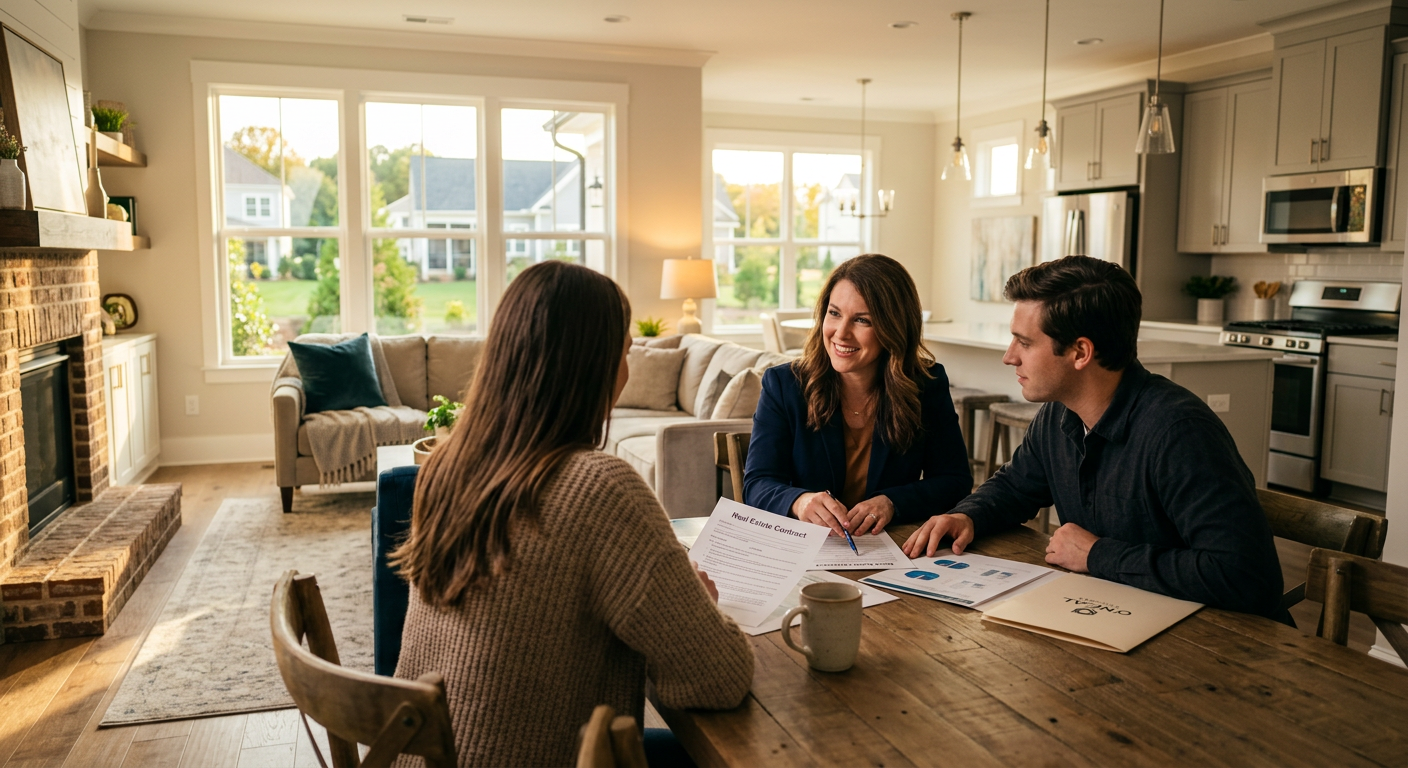 A young couple reviewing documents with a friendly real estate agent inside a newly built home in the O'Neal Village sub