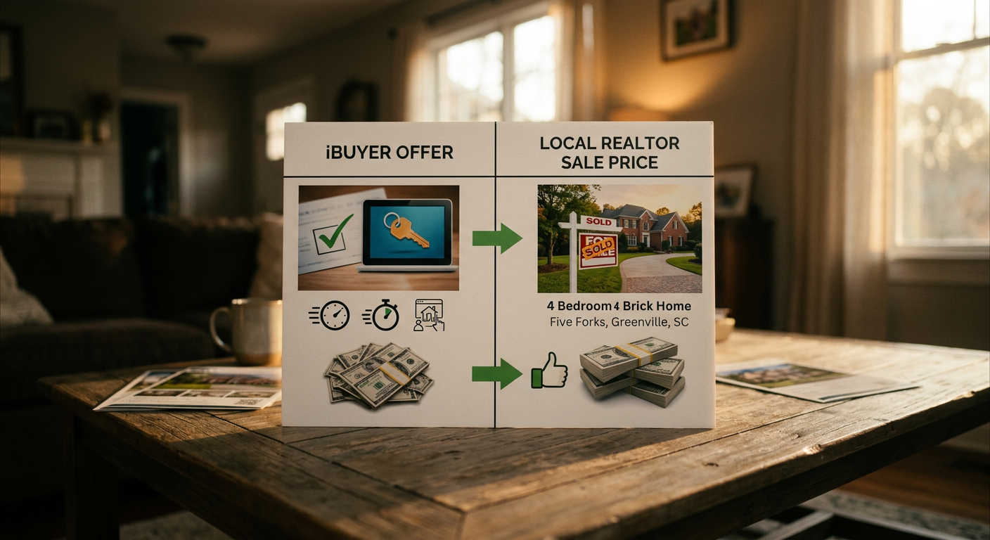 Side-by-side comparison chart showing 'iBuyer Offer' versus 'Local Realtor Sale Price' for a typical 4-bedroom home in F