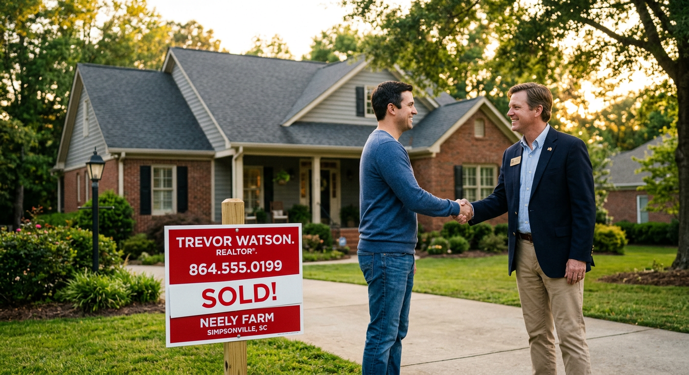 A friendly local Realtor (Trevor Watson) shaking hands with a happy homeowner in front of a sold sign in the Neely Farm
