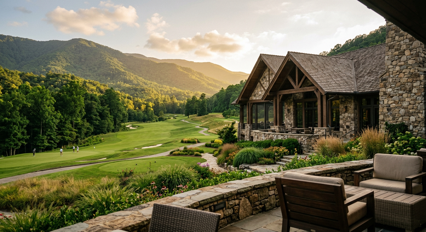 Elegant clubhouse at The Cliffs at Mountain Park, with a golf course visible in the background and a manicured landscape