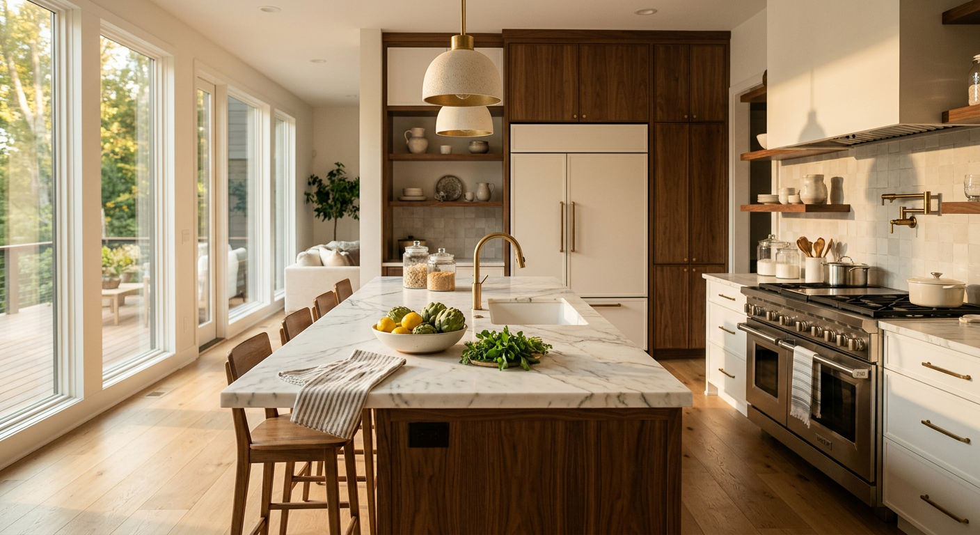 Interior of a high-end gourmet kitchen in a modern luxury home in Greenville SC, featuring a large island, Sub-Zero appl