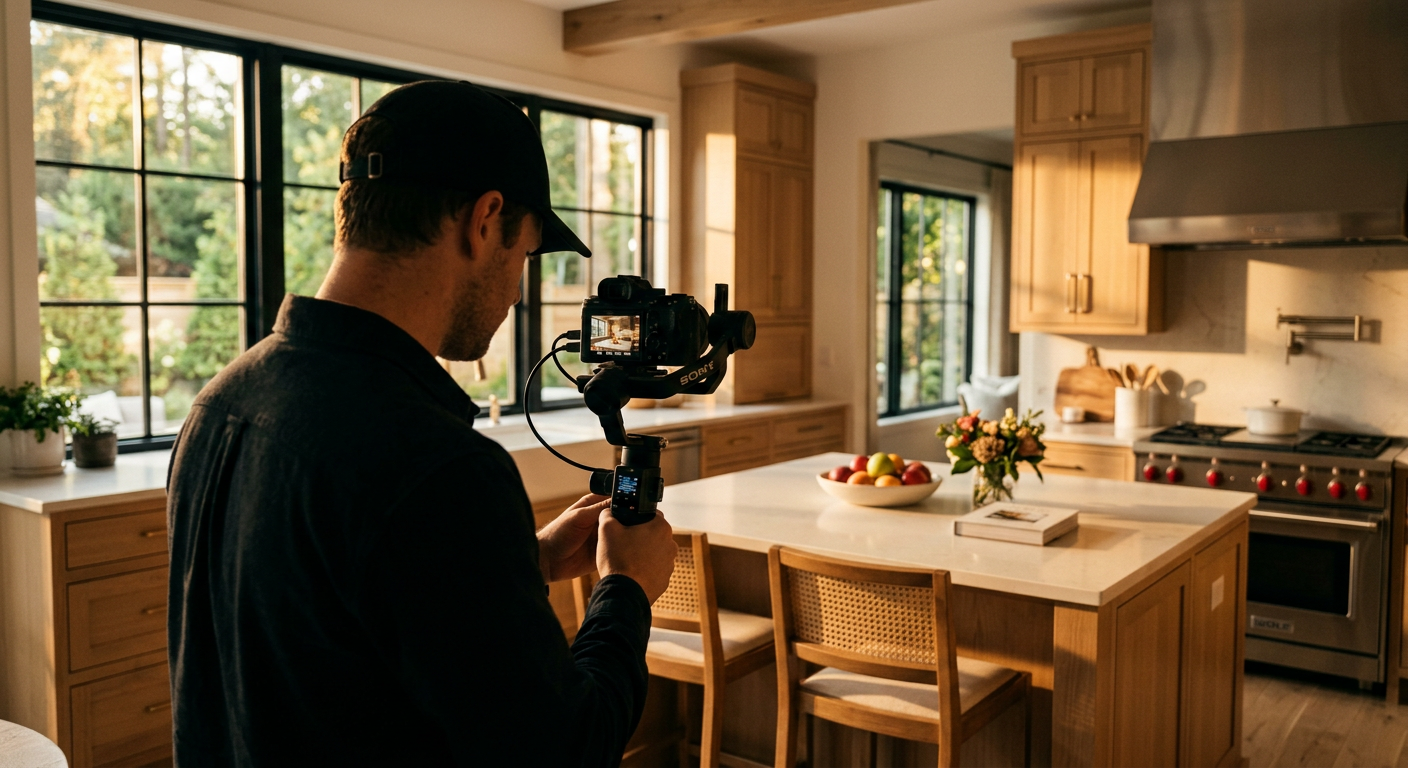 A professional videographer filming the interior of a meticulously staged kitchen in a home for sale, light streaming th